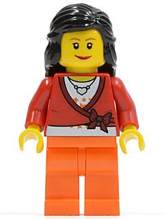 LEGO Minifigure-Sweater Cropped with Bow, Heart Necklace, Orange Legs, Black Female Hair Mid-Length-Town / City-CTY149-Creative Brick Builders